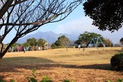 桜島自然恐竜公園の遊具で遊ぶ子供と雄大な桜島の風景